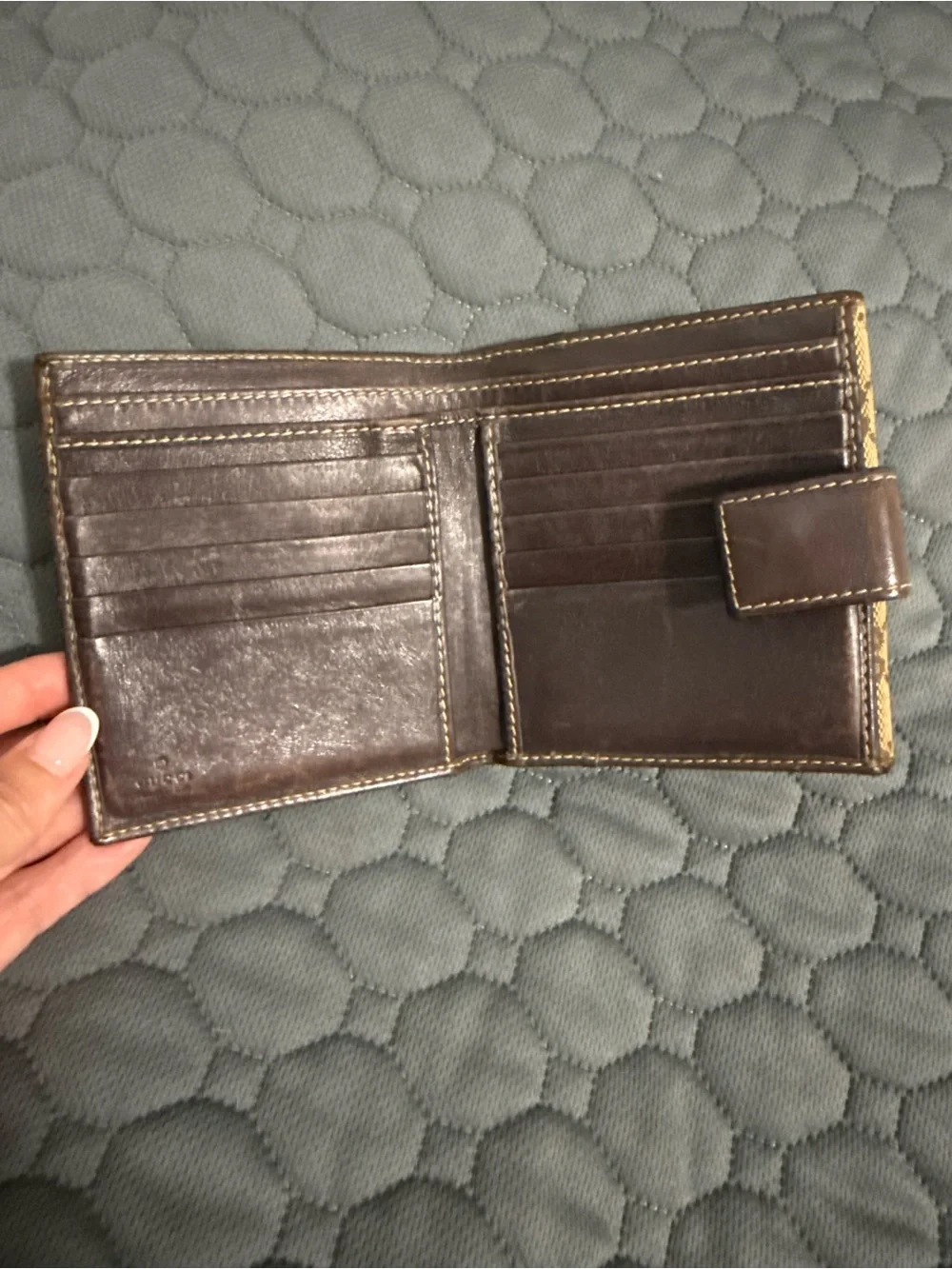 Gucci Tan Monogram Card Holder with Brown Leather Trim and Gold Logo